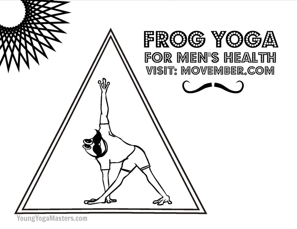 The cartoon frog is doing Triangle Yoga pose with a big black mustache under his nose. 