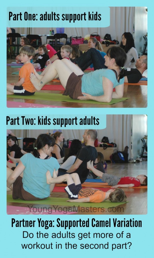 Family yoga with an assited camel partner yoga post. Photo from the practicum of the Young Yoga Masters Kids Yoga teacher training a registgered children's yoga school with Yoga Alliance