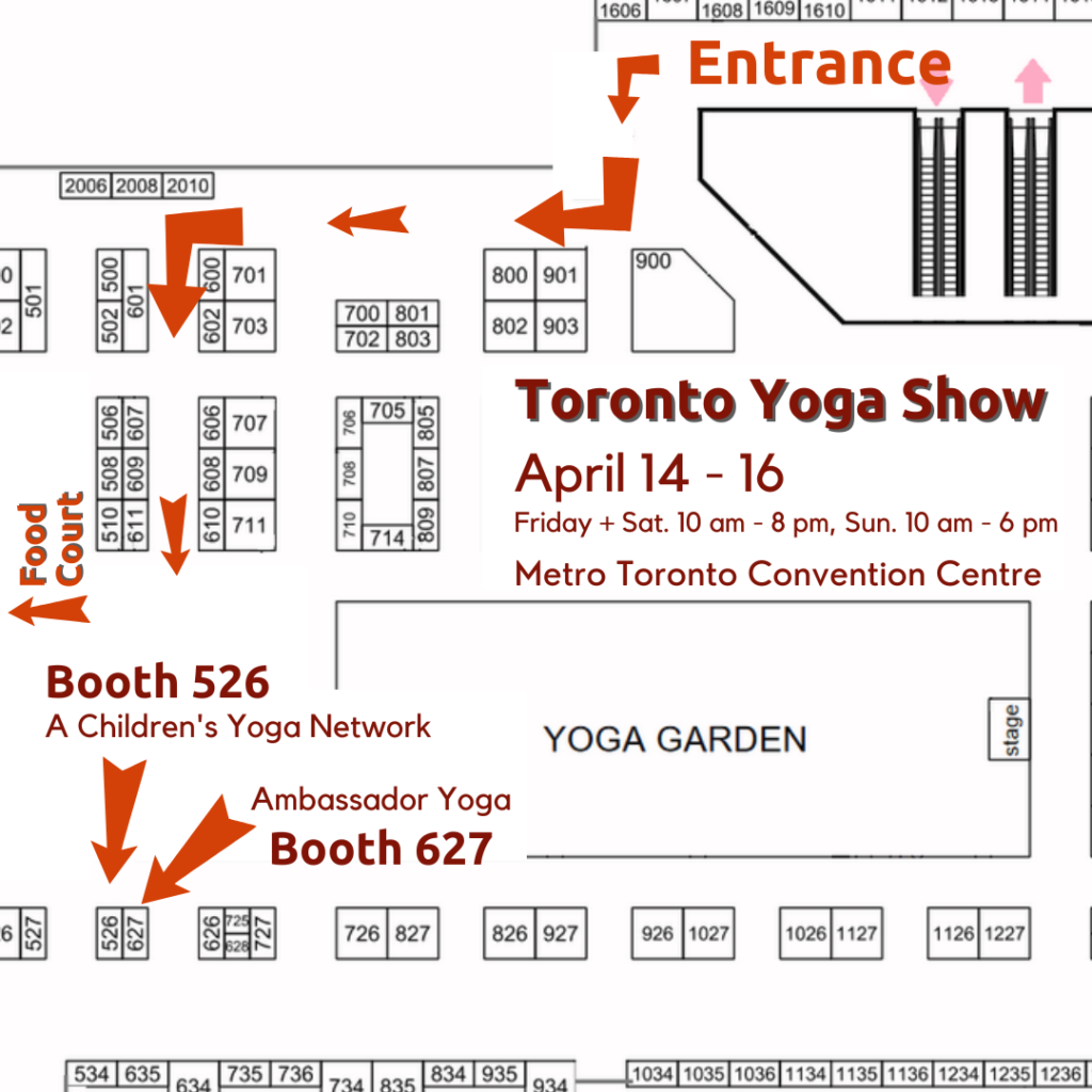 A map of the trade show floor that shows how you get to booth 526 and 627 to see us by going left at the entrance and then past the Yoga Garden towards the food court to find our booth. 