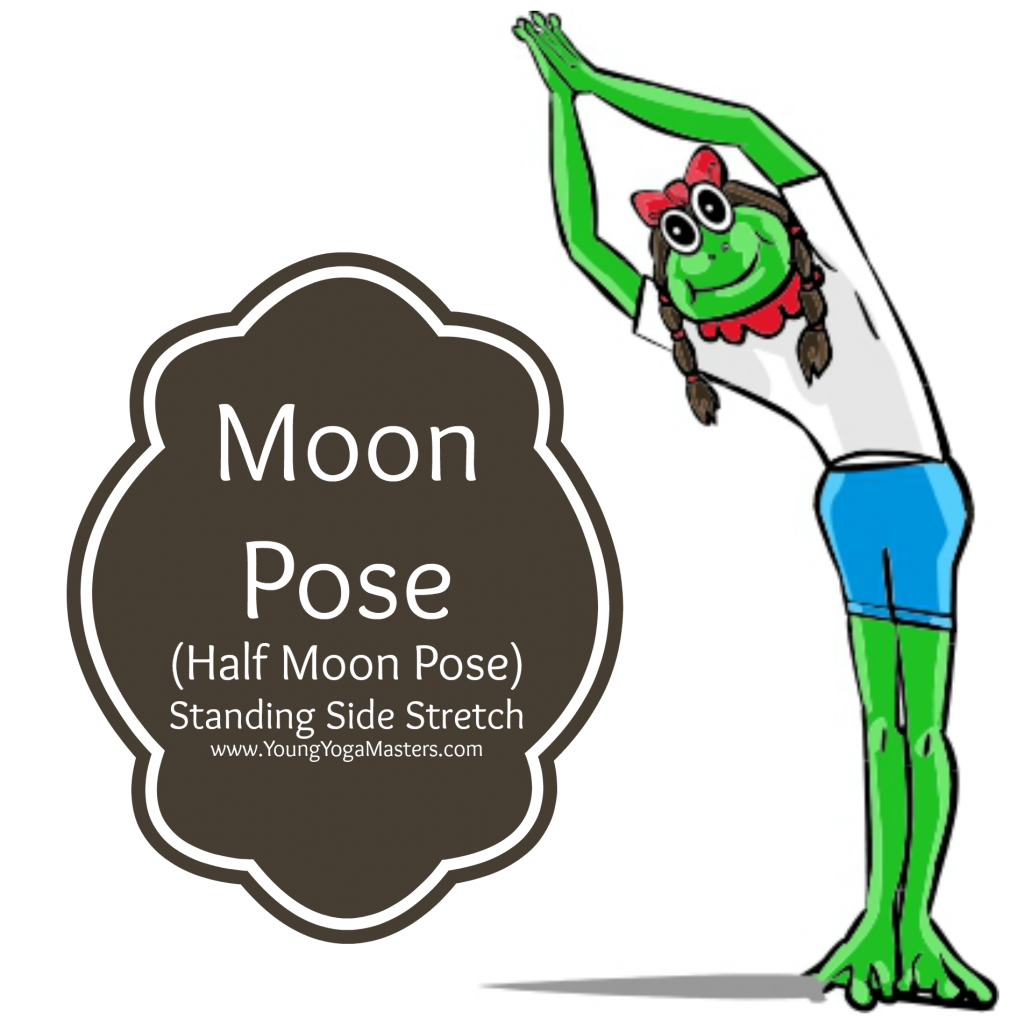a cartoon frog doing the standing side stretch known as half moon yoga pose