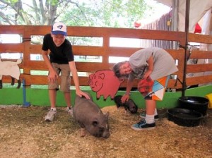 two boys are at the petting zoo with the baby pigs. Kids love animals so animal yoga is a natural fit.