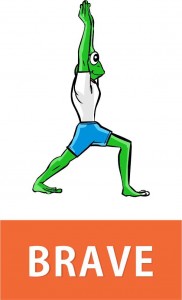 Crack and Peel Yoga Sticker with a frog doing Warrior Pose and the word Brave under.