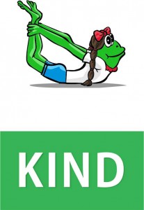 Yoga Sticker of a frog doing bow pose and the word Kind under