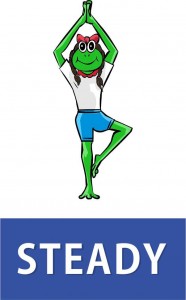 Yoga Sticker of a frog doing tree pose with the word Steady under