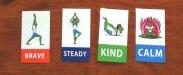 cute yoga stickers with cartoon frogs and the words Brave, Steady, Kind, and Calm