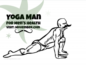 Yoga Man, the yoga superhero cartoon, is doing the yoga lunge and it looks great with his great Movember mustache.