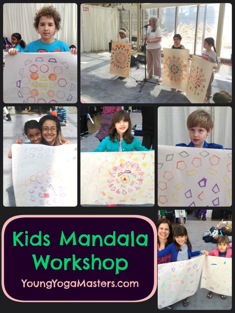 Kids Mandala Workshop Meditation and Yoga Presentation, kids hold up the mandalas they created with coloured ink and stampers Kids Make Mandalas - part of the Young Yoga Masters Kids Yoga Techer Training 