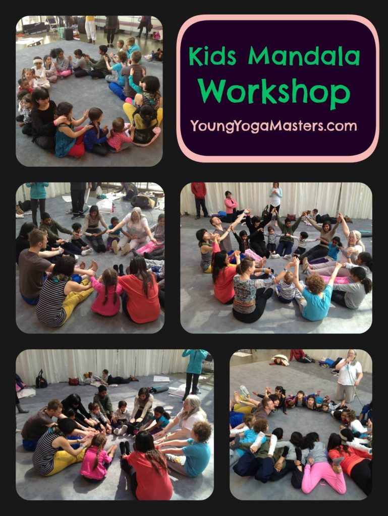 kids mandala workshop - during yoga class the group is seated in a circle and makes shapes with their arms and legs that look like a giant mandala. this is part of the Young Yoga Masters Kids Yoga Teacher Training