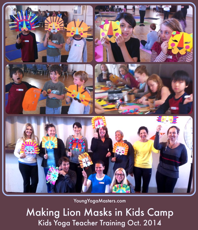 kids and adults make lion masks with colored paper during the kids camp of the kids yoga teacher training
