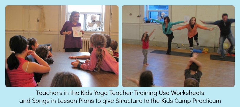 Teachers in the Kids Yoga Teacher Training Use Worksheets  and Songs in Lesson Plans to give Structure to the Kids Camp Practicum
