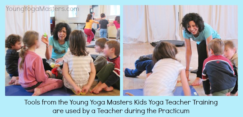 Tools from the kids yoga teacher training are used by a student during the practicum to get the children's attention and then to do lunge pose