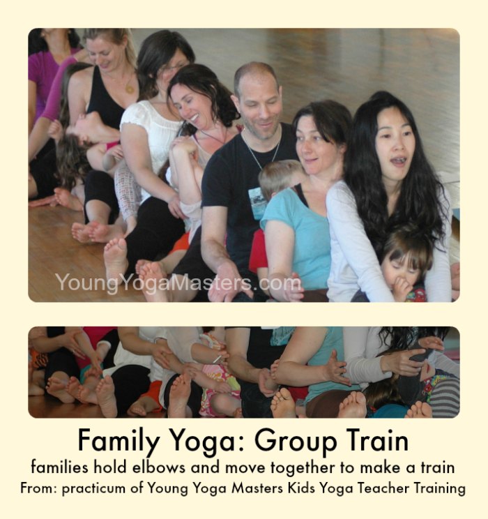 families make a train by sitting in front of each other with legs stretched out and hold the elbow of the person in front to move like a train piston, part of the practicum from the Young Yoga Masters kids yoga teacher training