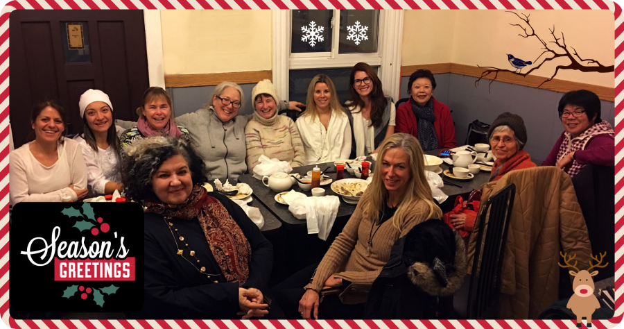 12 people from our kundalini yoga class in Toronto having a Christmas Dinner get together at Buddha's Vegetarian Restaurant in Chinatown