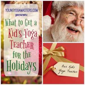 colourful christmas image of bells and santa with words what to get a kids yoga teacher for christmas