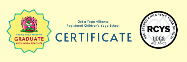 a banner about getting your certificate with the yoga alliace children's yoga school symbol and the young yoga masters gradate symbol of a cartoon frog in a lotus flower