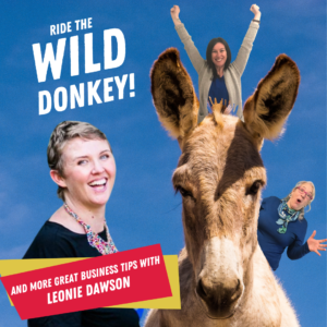 Image of a large donkey with small images of Claire and Aruna placed on the Donkey to look like they are riding it. Claire looking excited and Aruna looking surprised about the donkey ride.