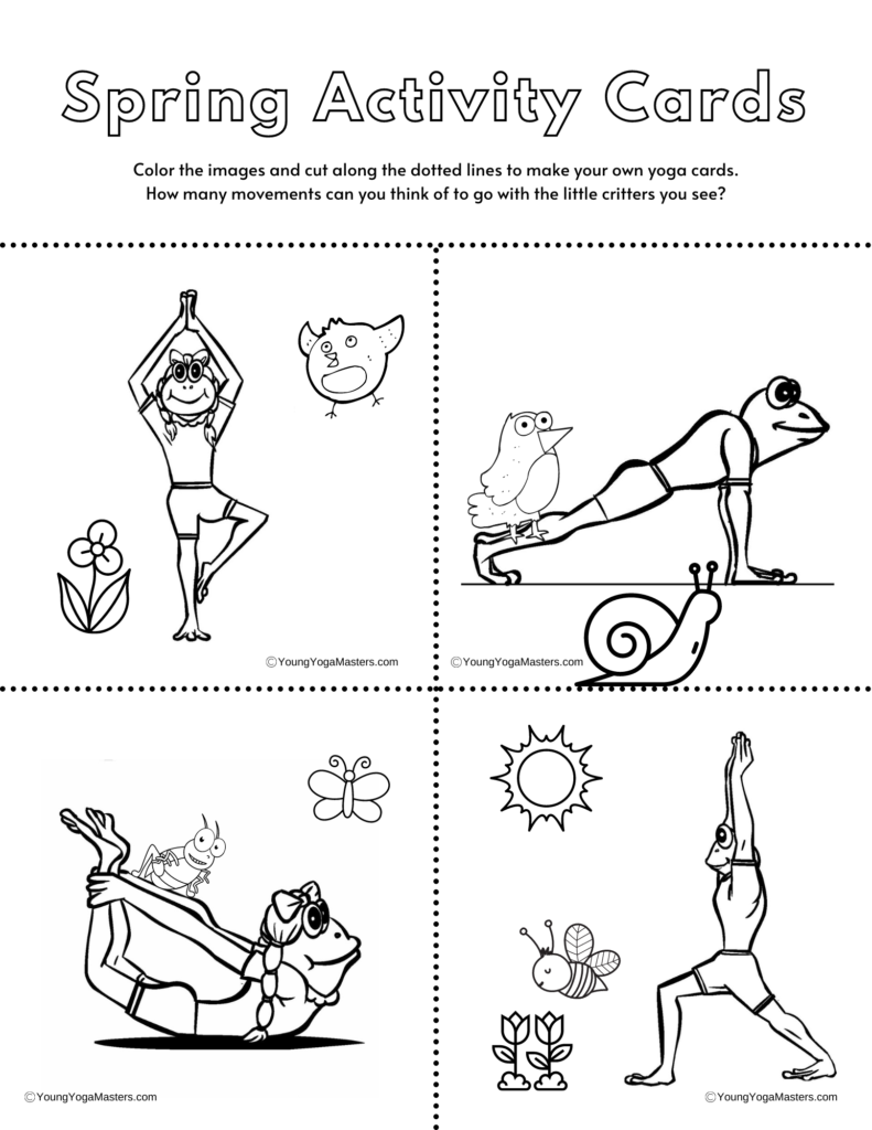 a spring activity card page pdf that children can colour and cut out along the dotted line.  The four cards include frogs doing activities.  The four position are tree pose, bow pose, plank pose, and warrior one pose. 