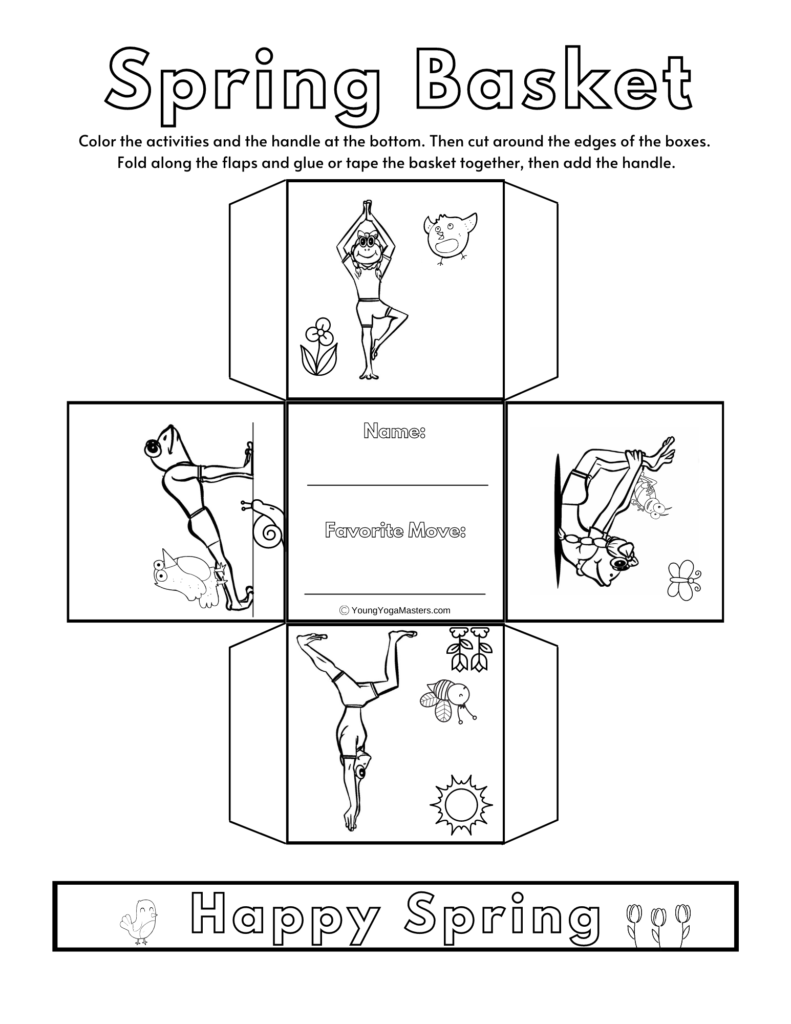 a spring basket activity page pdf that children can colour and cut out.  Each side of the basket had frogs doing activities.  The four position are tree pose, bow pose, plank pose, and warrior one pose. 
