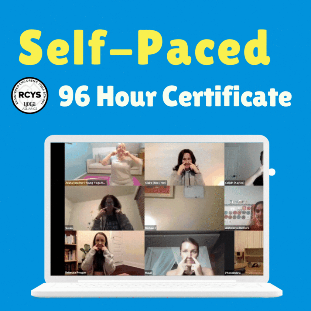 A video of a Zoom square 9 people taking a deep breath with their fingers pointing to their own noses and their elbows rising as they inhale and elbows lowering as they exhale.  The video repeats the inhale and exhale. Text: Self-paced 96 Hour Certificate