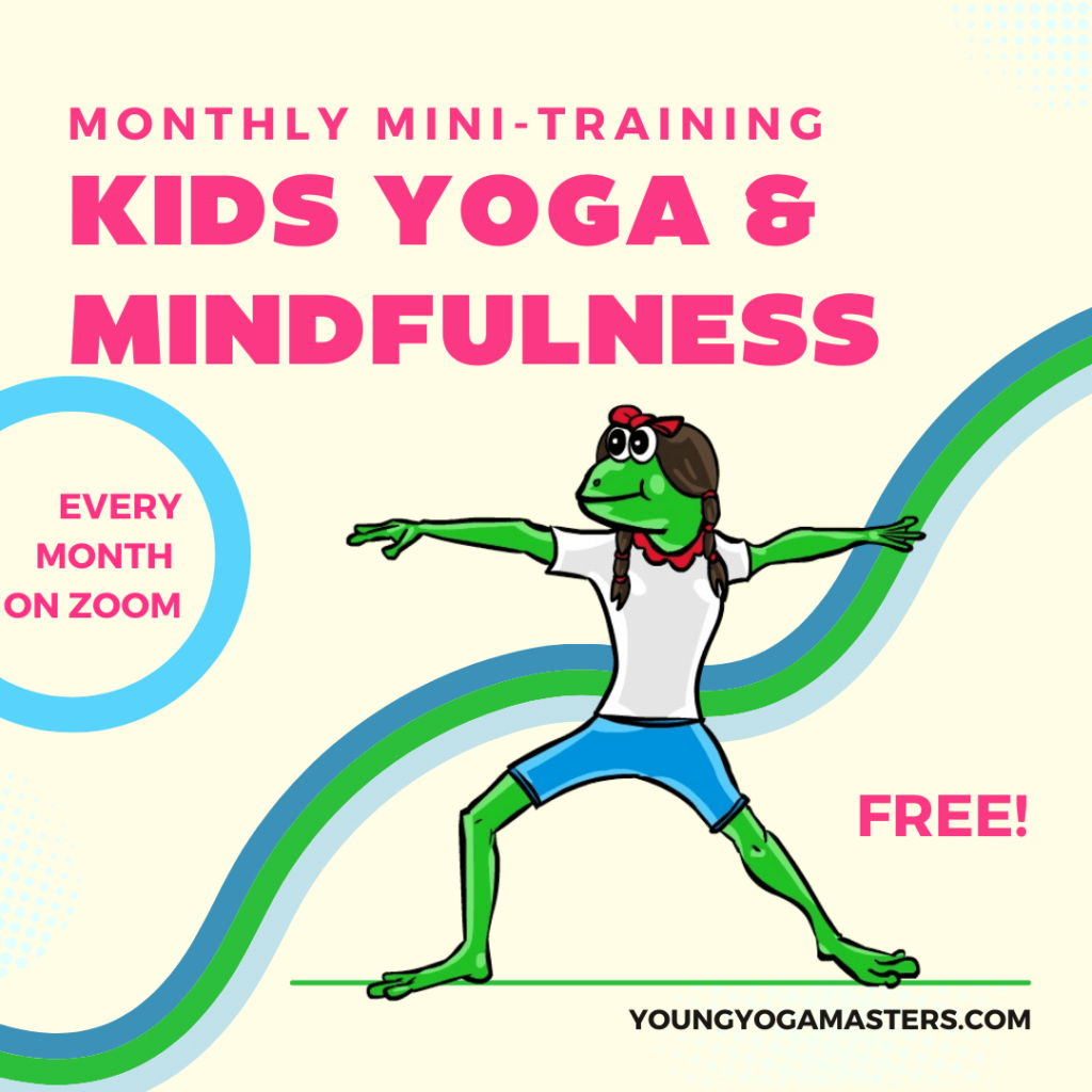 a cartoon frog wearing a school gym outfit does the warrior two yoga pose with text for the kids yoga and mindfulness free mini training