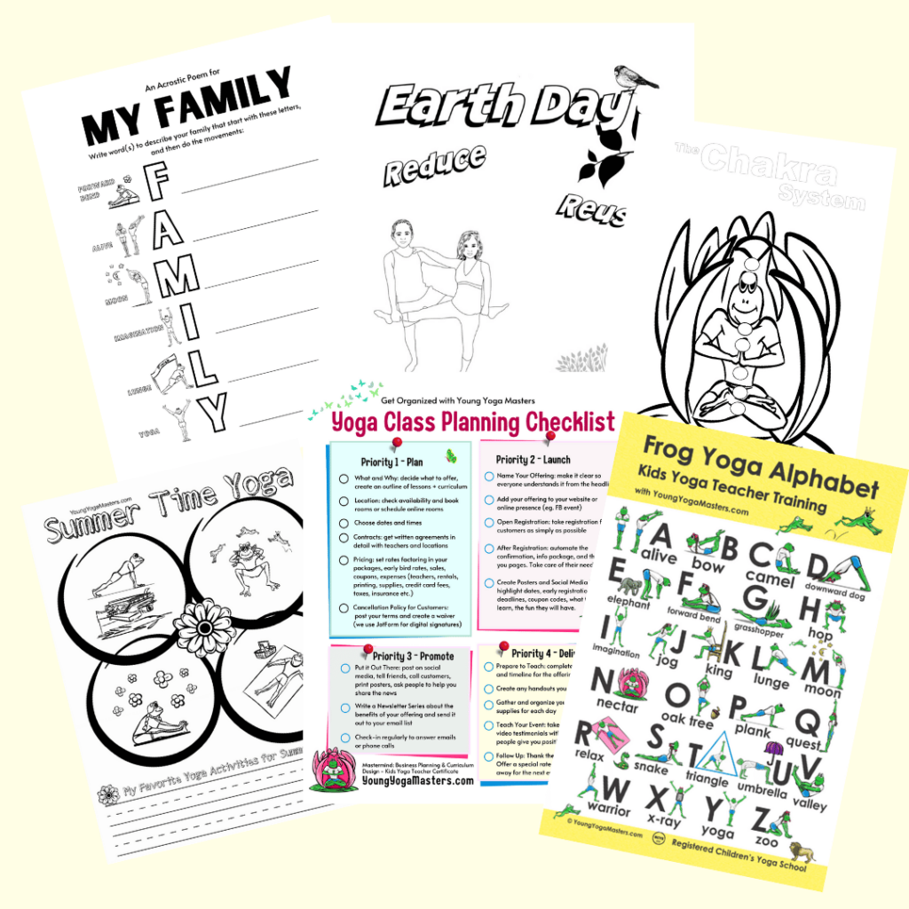 8 different pages laid out on a table, all pages have kids yoga activities on them including a Yoga Alphabet poster, summer time yoga, Family Yoga, Earth Day yoga, Chakras for children, and a class planner