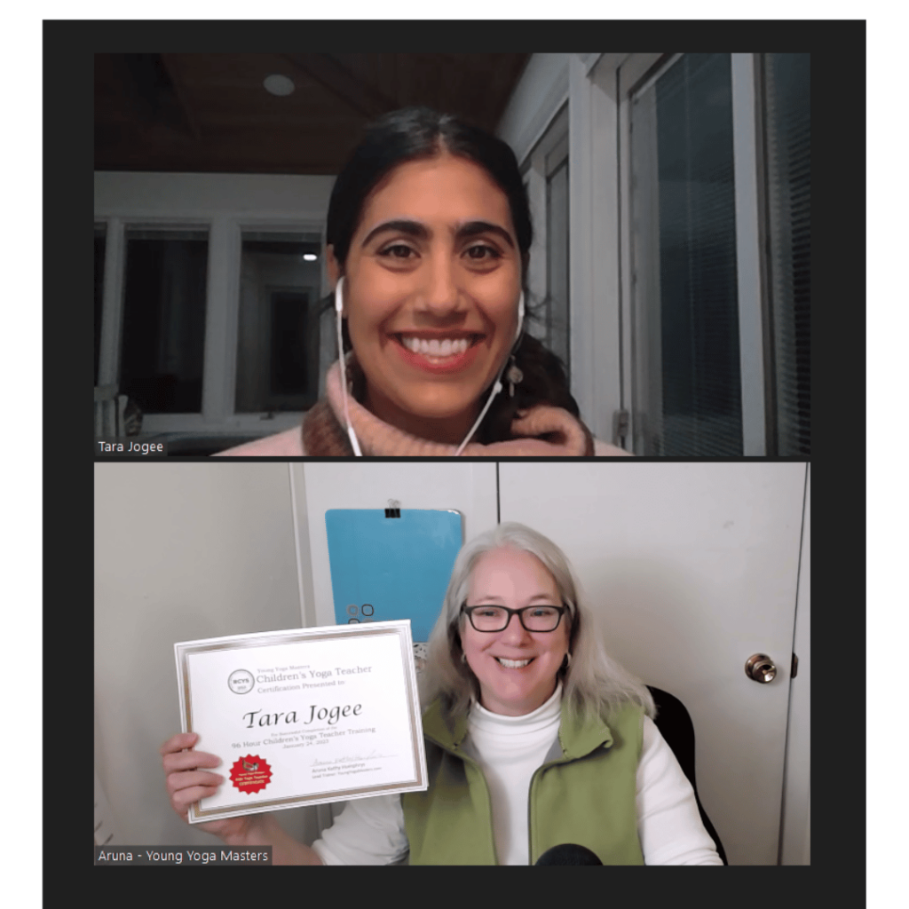 A zoom screen with a smiling person in the top square and in the bottom square, Aruna is holding a graduation certificate for the student. 