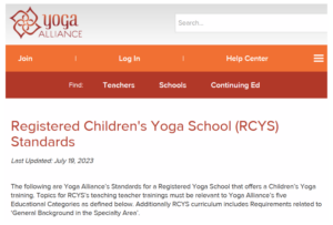 A screenshot of the Yoga Alliance website page for Children's Yoga School standards