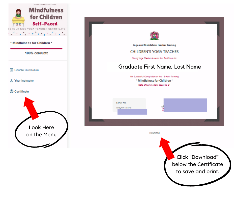 a screenshot of the Mindfulness for Children training dashboard.  On the home page there are options for "Course Curriculum", "Your Instructor", and "Certificate".  The certiifcate will who in this menu once the trianing is 100% complete