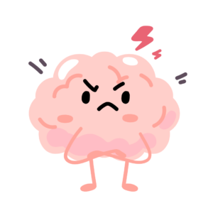 A cartoon image of a pink brain with stick legs and an angry cartoon face 