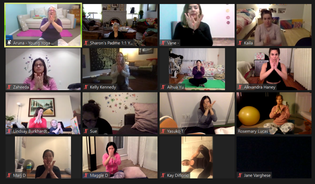 A Zoom meeting of kids yoga teachers with 16 squares of people holding their hands in a meditative posture. 