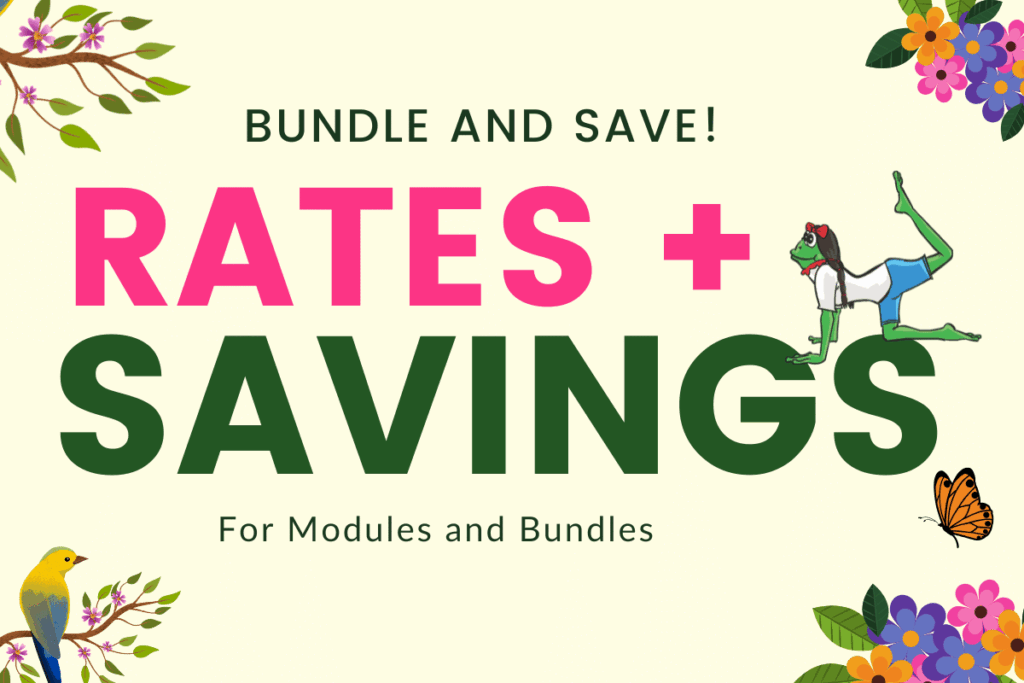 decorative text on a yellow background with flowers, tree branches, butterflies, and a bird. Text reads: rates and savings for modules and bundles