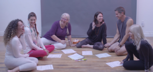 A group of people dressed in yoga clothes, sitting on the floor with papers in front. They are enjoying a conversation.